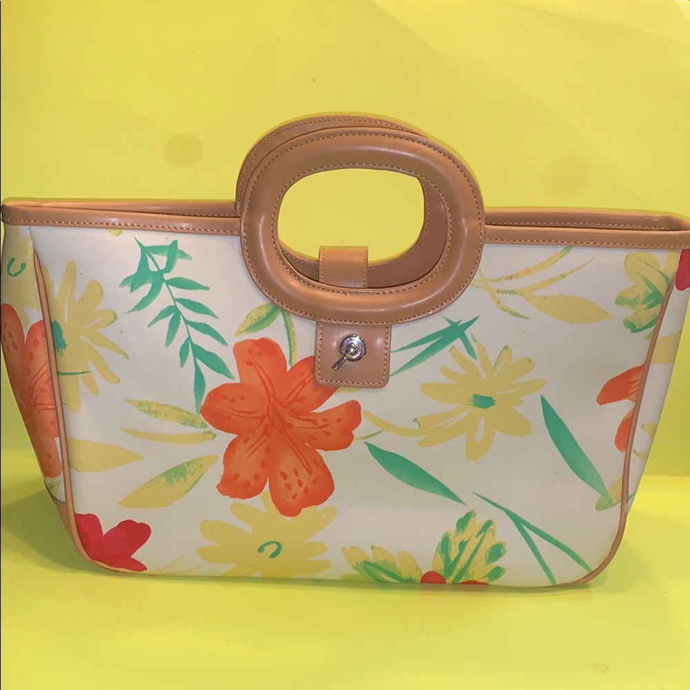 Floral Tote Bag with Tan Accents